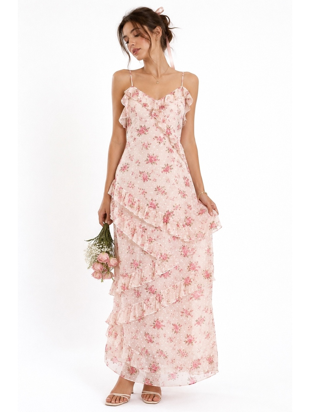 Poéselle Pink Floral Swiss Dot Ruffle Maxi Dress Cottagecore Romantic S